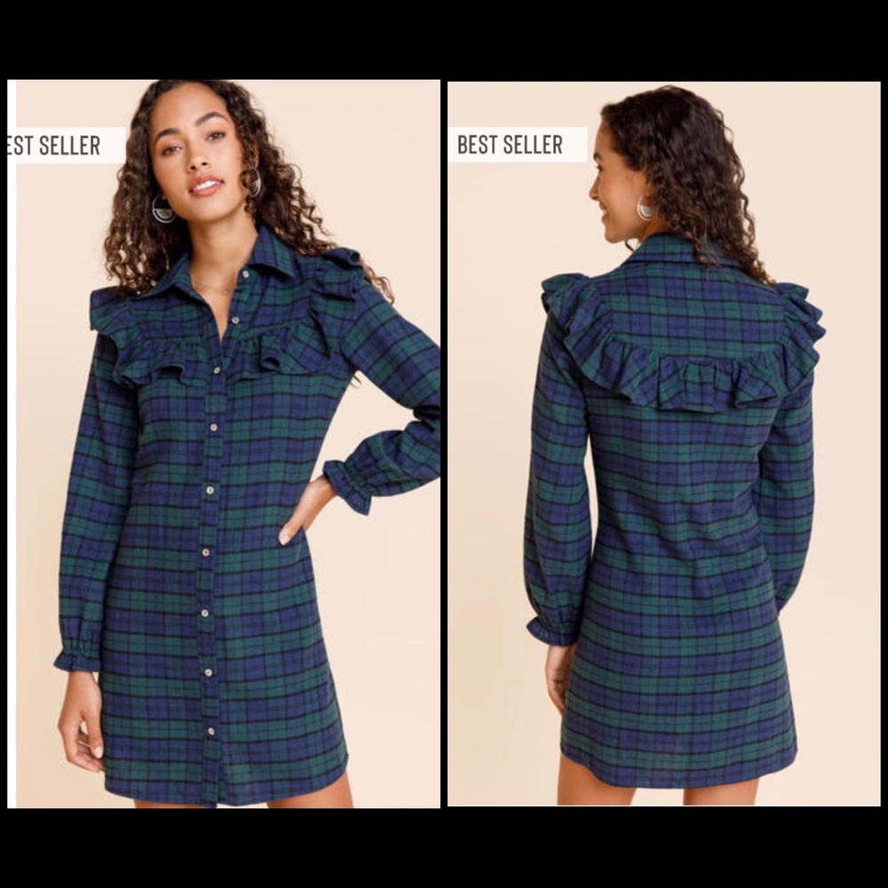 โจHPx3โจNWT Francescaโs Amanda Ruffled Plaid Mini Holiday Dress Womenโs Medium - Picture 2 of 7